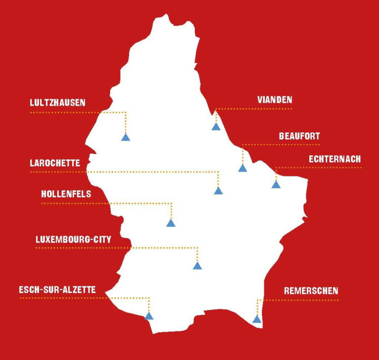 Übersichtskarte der neun luxemburgischen Jugendherbergen